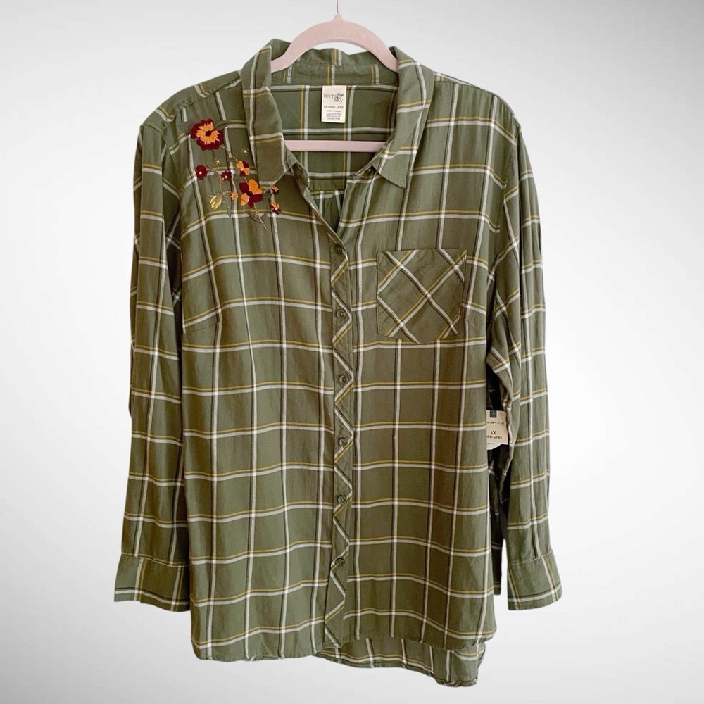 Terra & Sky Checkerboard Buttondown Shirt Floral Embroidery Long Sleeves